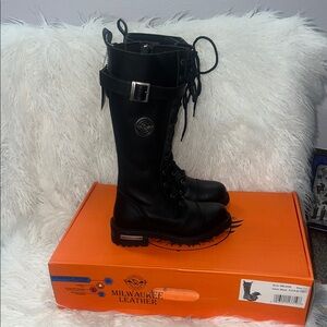 Milwaukee Leather W 7.5 Black Leather 14” Tall Motorcycle LaceUp High-Rise Boots
